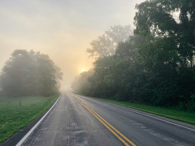 biking through fog on our last morning